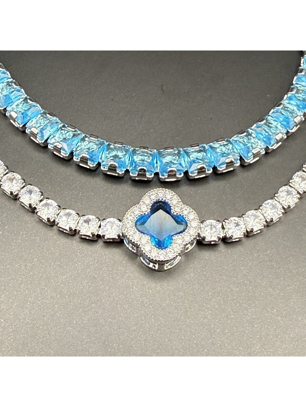 candy+clover aqua and clear clover crystal silver tone tennis bracelet stack